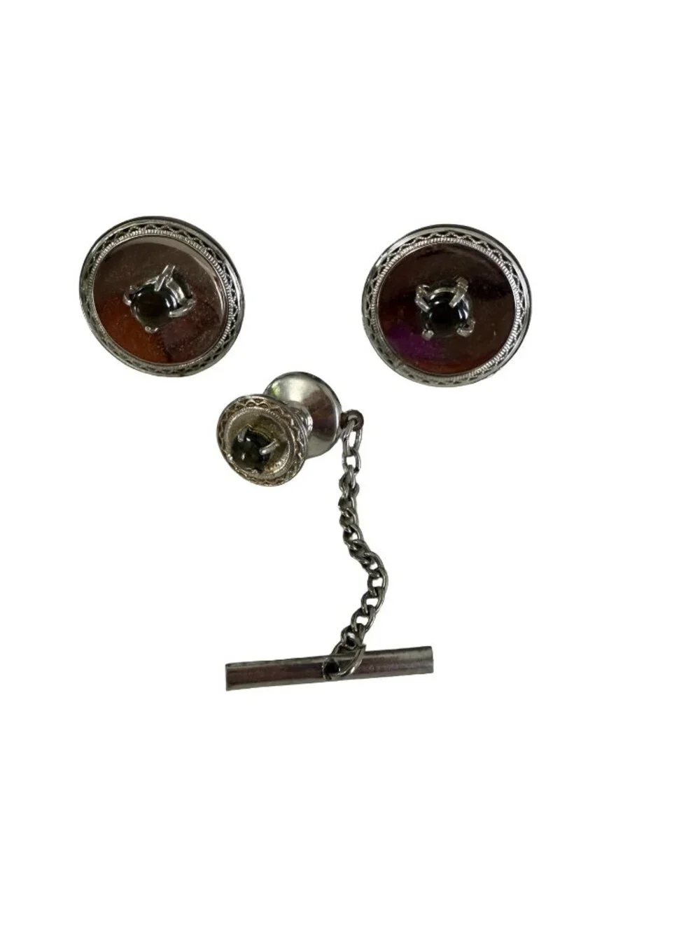 Vintage Silver Tone Black Stone Cufflinks & Tie Tack Set Mid Century Formal Jewe